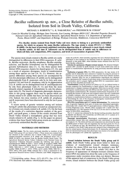 Bacillus Vallismortis Sp. Nov., a Close Relative of Bacillus Subtilis, Isolated from Soil in Death Valley, California