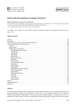 Zootaxa,On the Molecular Phylogeny of Sponges (Porifera)