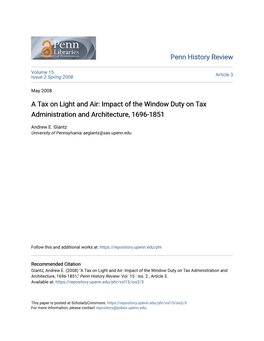 A Tax on Light and Air: Impact of the Window Duty on Tax Administration and Architecture, 1696-1851