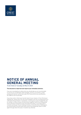 NOTICE of ANNUAL GENERAL MEETING to Be Held on Tuesday 24 March 2020