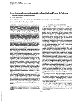 Genetic Complementation Studies of Multiple Sulfatase Deficiency (Cell Fusion/Arylsulfatase/Mucopolysaccharidoses) ALLEN L