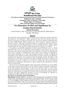 Sex Education: Its Role and Significance in Gender-Biased Society Abhisek Karmakar Assistant Professor, Dept
