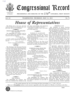 Congressional Record United States Th of America PROCEEDINGS and DEBATES of the 114 CONGRESS, FIRST SESSION