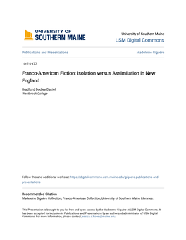 Franco-American Fiction: Isolation Versus Assimilation in New England