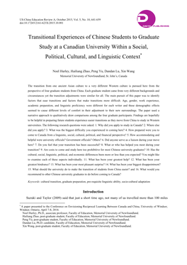 Transitional Experiences of Chinese Students to Graduate Study at a Canadian University Within a Social, Political, Cultural, and Linguistic Context*