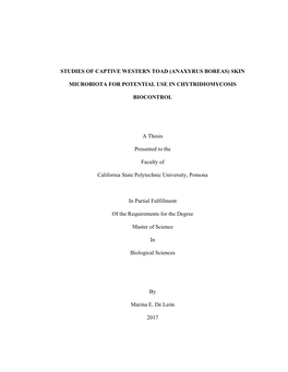 Studies of Captive Western Toad (Anaxyrus Boreas) Skin