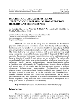 Biochemical Characteristics of Streptococcus Suis Strains Isolated from Healthy and Deceased Pigs