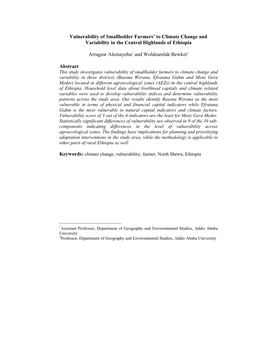 Vulnerability of Smallholder Farmers' to Climate Change and Variability in the Central Highlands of Ethiopia Arragaw Alemayehu