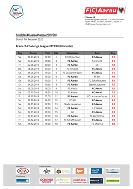 Spielplan FC Aarau (Saison 2019/20) Stand: 10