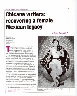 Chicana Writers: Recovering a Female Mexican Legacy Claire Joysmith *