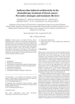 Anthracycline‑Induced Cardiotoxicity in the Chemotherapy Treatment of Breast Cancer: Preventive Strategies and Treatment (Review)