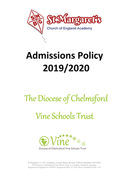 Admissions Policy 2019/2020 Thediocese of Chelmsford Vine