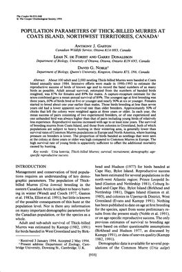 Population Parameters of Thick-Billed Murres at Coats Island, Northwest Territories, Canada ’