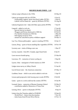 Bourne Diary Index L-Z