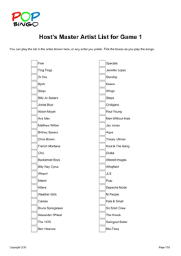 Host's Master Artist List for Game 1