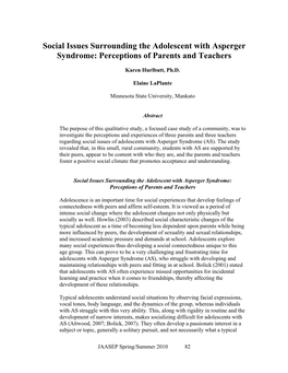 Social Issues Surrounding the Adolescent with Asperger Syndrome: Perceptions of Parents and Teachers