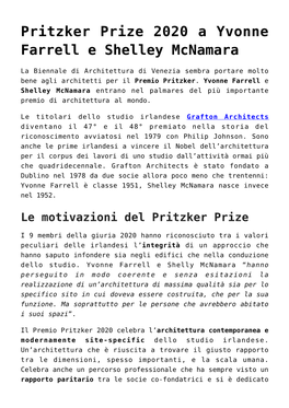 Pritzker Prize 2020 a Yvonne Farrell E Shelley Mcnamara