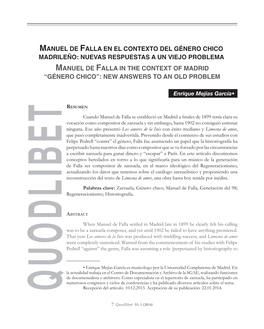 Manuel De Falla in the Context of Madrid “Género Chico”: New Answers to an Old Problem