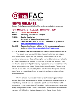 NEWS RELEASE Contact: Emily Everett at 413-545-4482 Or Emilyeverett@Admin.Umass.Edu