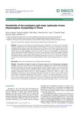 Parasitoids of the Eucalyptus Gall Wasp Leptocybe Invasa (Hymenoptera: Eulophidae) in China