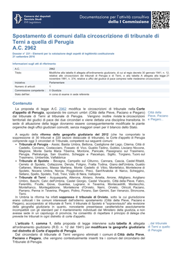 Spostamento Di Comuni Dalla Circoscrizione Di Tribunale Di Terni a Quella Di Perugia A.C. 2962