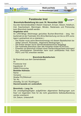 Forstrevier Irrel Brennholz-Bestellung Bis Zum 16