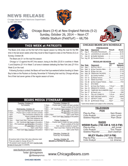 THE HEAD COACHES IMPORTANT NFL DATES CHICAGO BEARS REGULAR SEASON Marc Trestman Oct