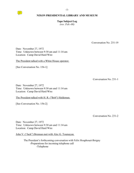 CDHW #231: November 27-28, 1972 [Complete Tape Subject Log]