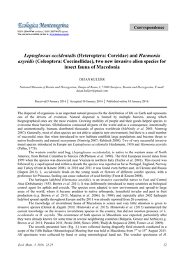 Leptoglossus Occidentalis (Heteroptera: Coreidae) and Harmonia Axyridis (Coleoptera: Coccinellidae), Two New Invasive Alien Species for Insect Fauna of Macedonia