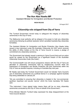 Citizenship Role Stripped from City of Yarra