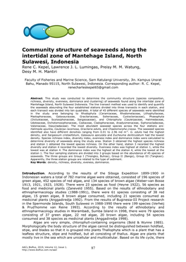 Community Structure of Seaweeds Along the Intertidal Zone of Mantehage Island, North Sulawesi, Indonesia Rene C