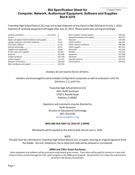 Bid Specification Sheet for Computer, Network, Audiovisual Equipment