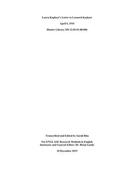 Laura Kephart's Letter to Leonard Kephart April 5, 1934 Hunter