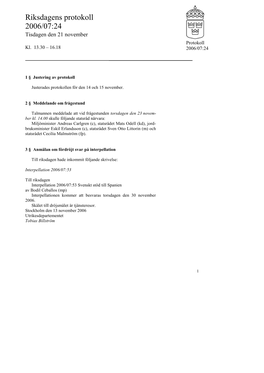 Snabbprotokoll 2006/07:24, Tisdagen Den 21