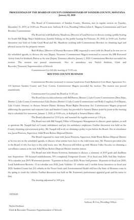 PROCEEDINGS of the BOARD of COUNTY COMMISSIONERS of SANDERS COUNTY, MONTANA January 02, 2020