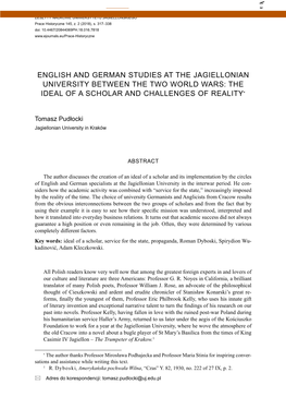 English and German Studies at the Jagiellonian University Between the Two World Wars: the Ideal of a Scholar and Challenges of Reality