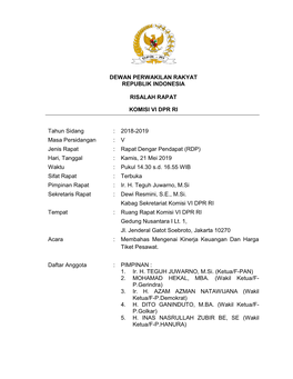 RDP Komisi VI DPR RI Dengan Deputi Kementerian BUMN Dan Dirut PT