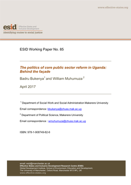 ESID Working Paper No. 85 the Politics of Core Public Sector Reform