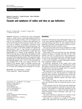 Carpals and Epiphyses of Radius and Ulna As Age Indicators