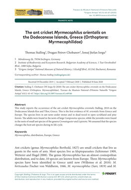 The Ant Cricket Myrmecophilus Orientalis on the Dodecanese Islands, Greece (Orthoptera: Myrmecophilidae)