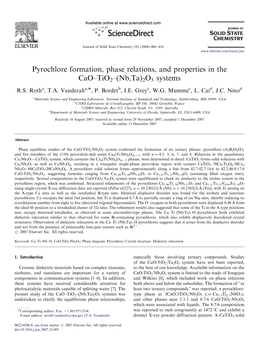 Pyrochlore Formation, Phase Relations, and Properties in the Cao–Tio2–(Nb,Ta)2O5 Systems R.S