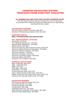 Canadian Relocation Systems “Newcomer Phone Directory Vancouver