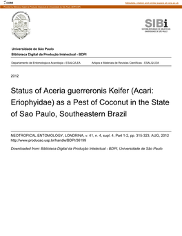 Status of Aceria Guerreronis Keifer (Acari: Eriophyidae) As a Pest of Coconut in the State of Sao Paulo, Southeastern Brazil