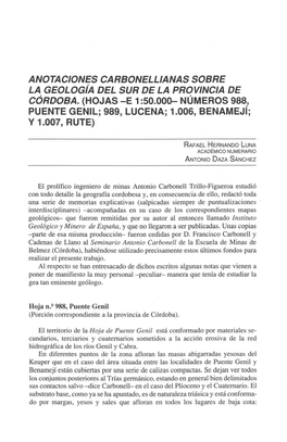 Anotaciones Carbonellianas Sobre La Geologiá Del Sur De La Provincia De Córdoba