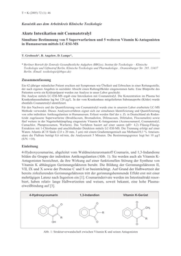 Akute Intoxikation Mit Coumatetralyl Simultane Bestimmung Von 5 Superwarfarinen Und 5 Weiteren Vitamin K-Antagonisten in Humanserum Mittels LC-ESI-MS