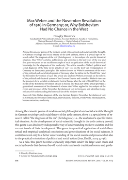 Max Weber and the November Revolution of 1918 in Germany; Or, Why Bolshevism Had No Chance in the West