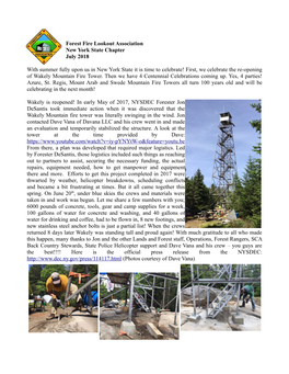 Forest Fire Lookout Association New York State Chapter July 2018 With