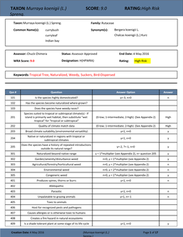 TAXON:Murraya Koenigii (L.) Spreng. SCORE:9.0 RATING:High Risk
