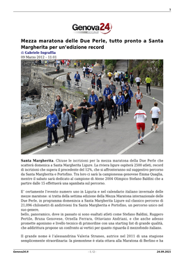 Mezza Maratona Delle Due Perle, Tutto Pronto a Santa Margherita Per Un’Edizione Record Di Gabriele Ingraffia 09 Marzo 2012 – 11:01