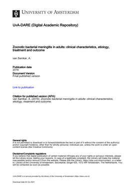 Zoonotic Bacterial Meningitis in Adults: Clinical Characteristics, Etiology, Treatment and Outcome Van Samkar, A